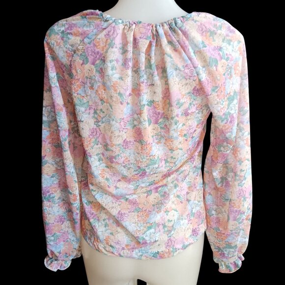 Vintage Women's Peasant Top Medium 1970's True Boho Sheer Floral Blouse Keyhole - Picture 6 of 8